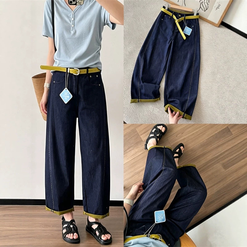 Anti-Fading Dark Blue Thin Denim Straight-Leg Pants, High-Waisted, Slimming, Color-Blocked, Cropped Wide-Leg Boyfriend Pants, Versatile, Curved-Leg Pants Anti-Fading Dark Blue Thin Denim Straight-Leg Pants, High-Waisted, Slimming, Color-Blocked, Cropped Wide-Leg Boyfriend Pants, Versatile, Curved-Leg Pants