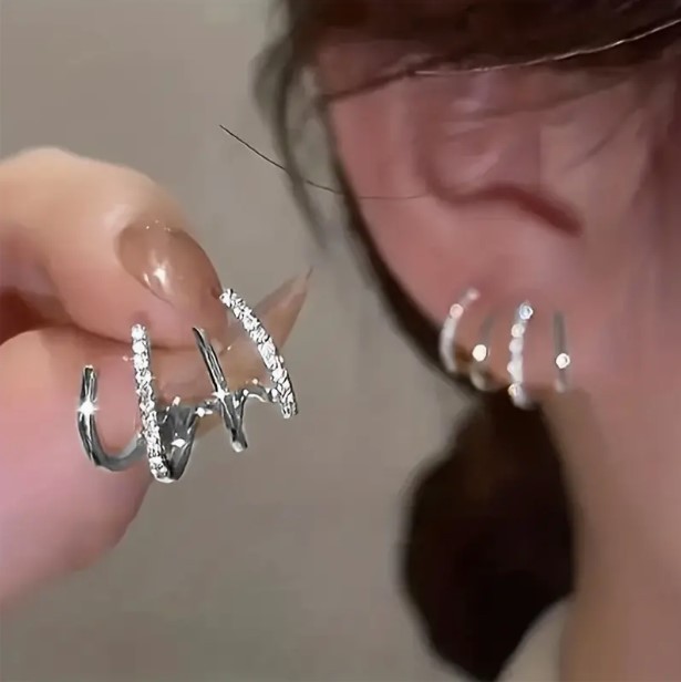 TEMU popular cuatro-garra oreja fila pendientes creativo simple con incrustaciones de diamantes de imitación estilo frío diseño curvado cuatro-garra pendientes