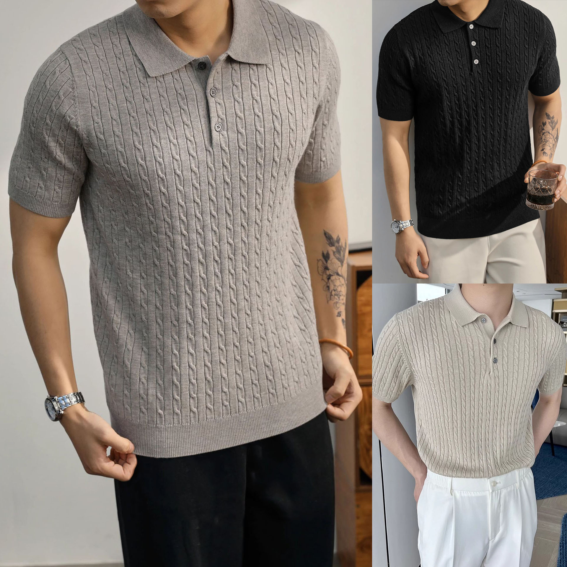 Polo camiseta de punto camiseta de manga corta camiseta de hombre solapa texturas de torsión viejos viento de hielo de verano fábrica transfronteriza al por mayor