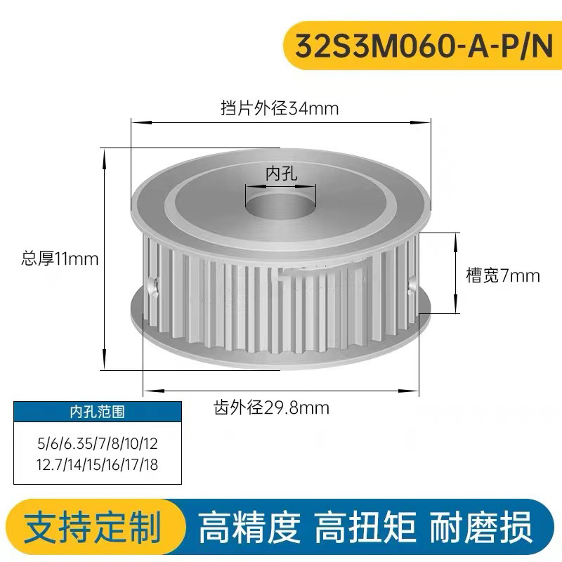 同步轮 S3M32齿 槽宽7 AF型 两面平同步带轮HTPA32S3M060-A-P5-15