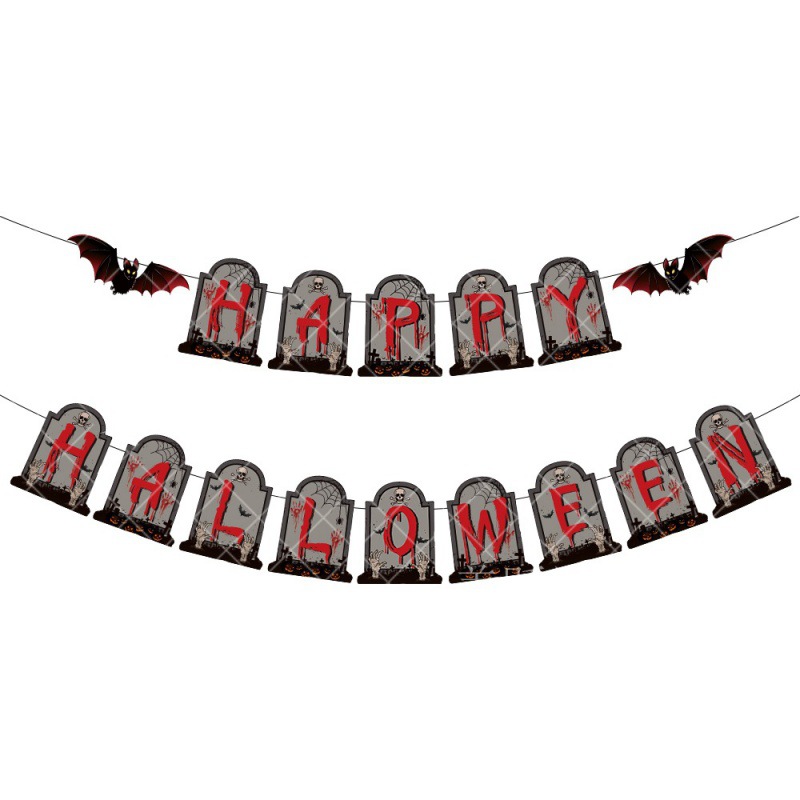 Amazon decoración de fiesta de Halloween tira banderas fantasmas festival de banderas de fondo decoración de barra tira lápides tira flores