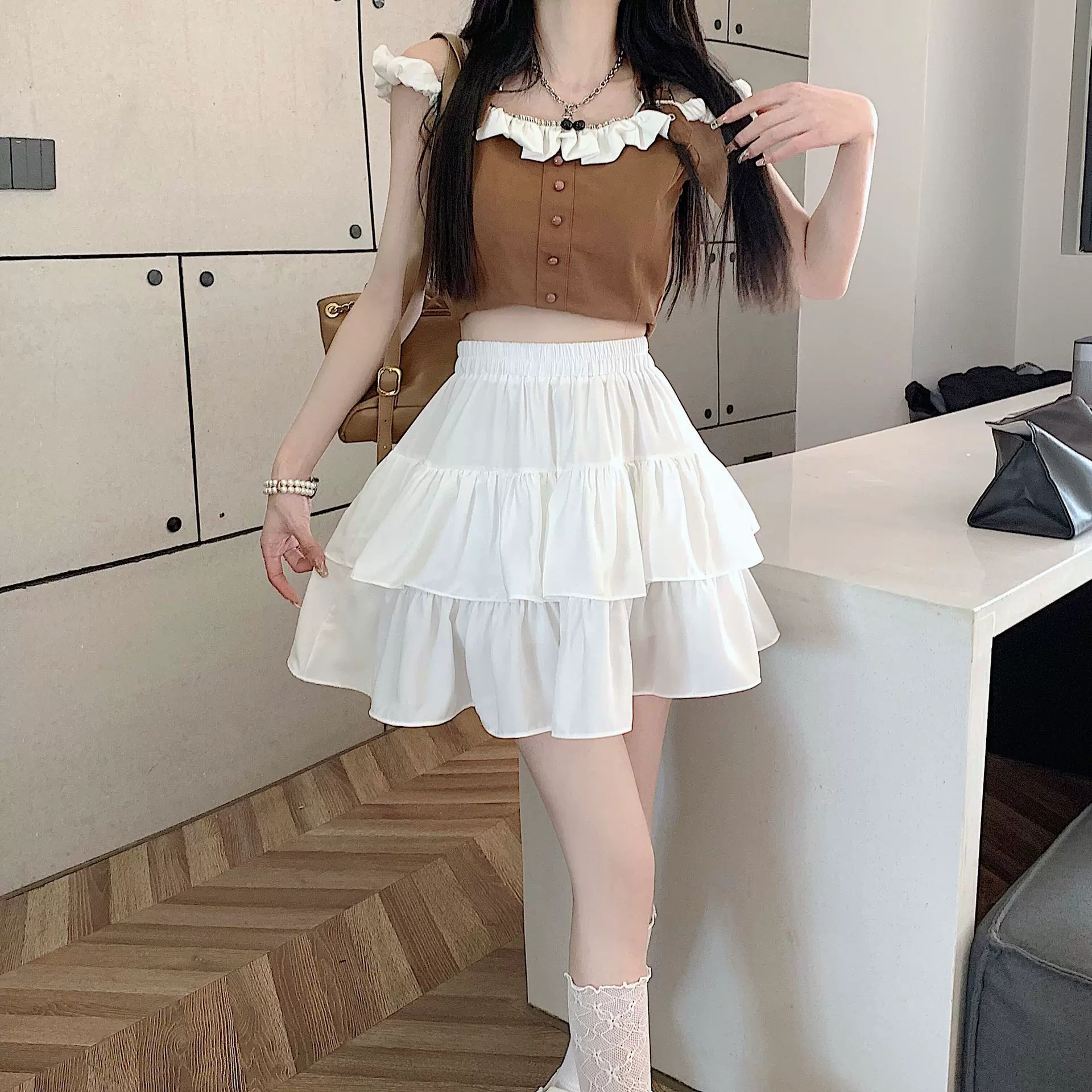 蛋糕裙女2025春夏新款高腰甜美蓬蓬短裙高腰显瘦辣妹风双层花边裙