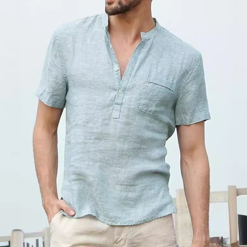 Cotton Linen Short-sleeved Men's T-shirt Collar Buckle Half