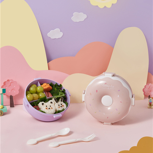 Donut new product children's portable lunch box creative compartmented lunch box with lid including spoon and fork cute girl's lunch box