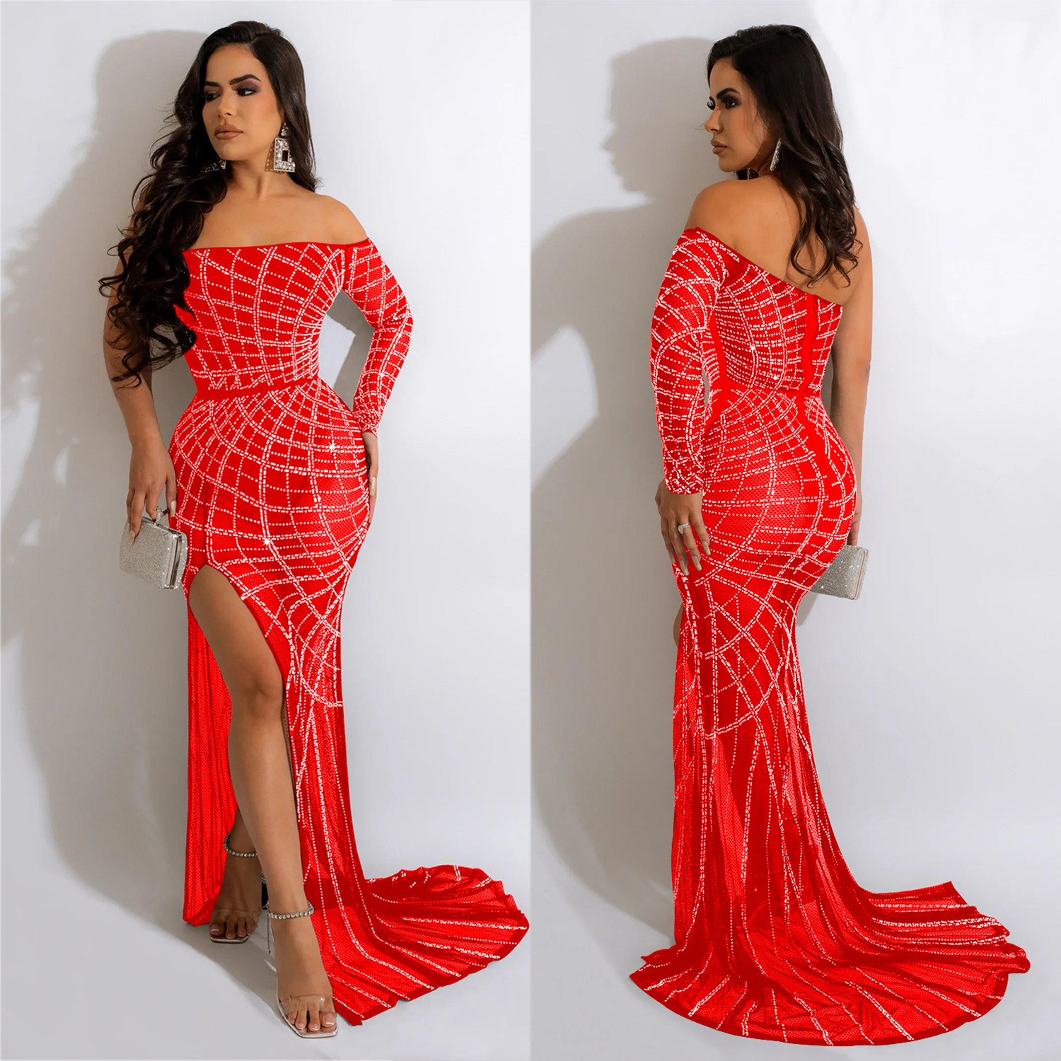 C6060 transfronteriza AliExpress Amazon moda europea y americana de las mujeres de color sólido único vestido de manga larga vestido de diamantes de imitación de las mujeres image 3