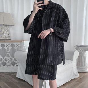 Summer Striped Short-sleeved Suit Men's Half-sleeved Shirt Fashionable Loose Shorts Men's Large Size Two-piece Casual Wear