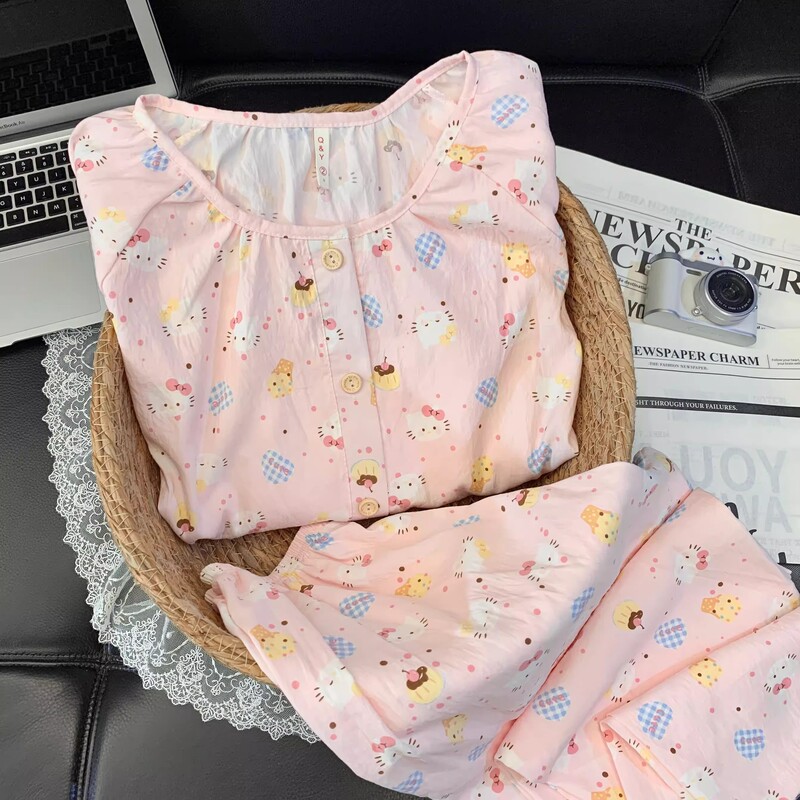 [Cardigan Round Neck Sweetheart Kt Cat] Spring and Autumn Casual Long Sleeve Cloud Cotton Cute Pajamas Women's Suit Home Clothes