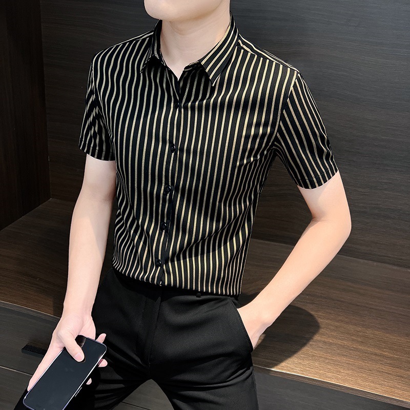 夏薄いハイエンドストライプ半袖アイスシルクシャツメンズ新しいファッショントレンディなブランド紳士服ビジネススリムシャツ|undefined