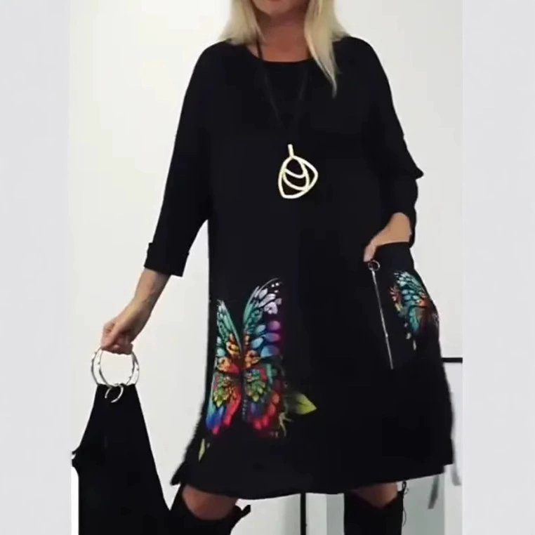 Новое платье с длинным рукавом и круглым вырезом с принтом бабочки для осени и зимы 2025 года, для трансграничной торговли, в европейском и американском стиле, для Amazon