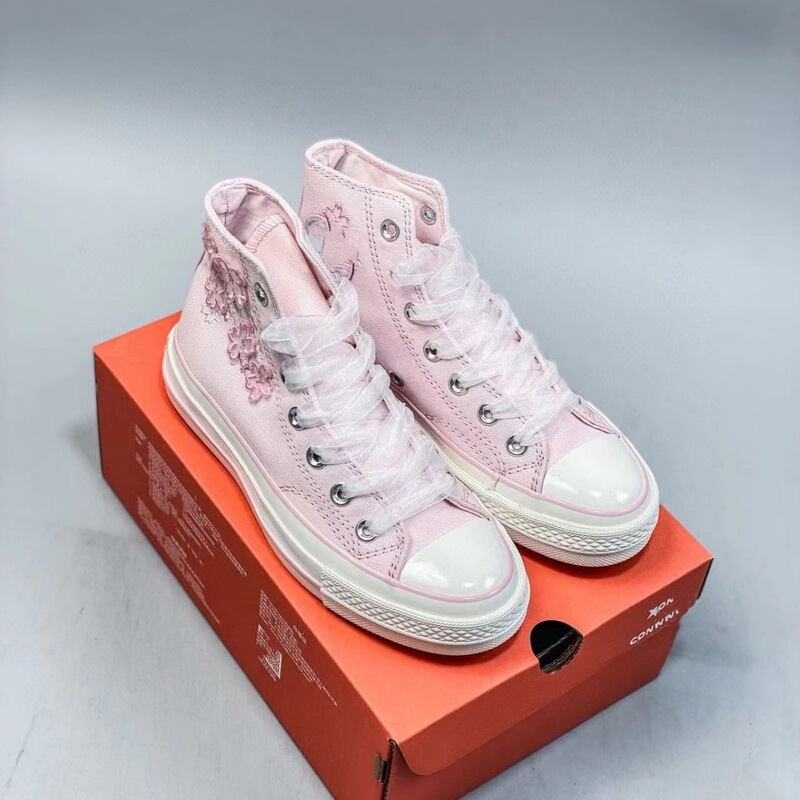 Original Converse 1970S Cherry Blossom Embroidered High-Top Canvas Shoes for Women with Crystal Sole, Pink and White A06221C