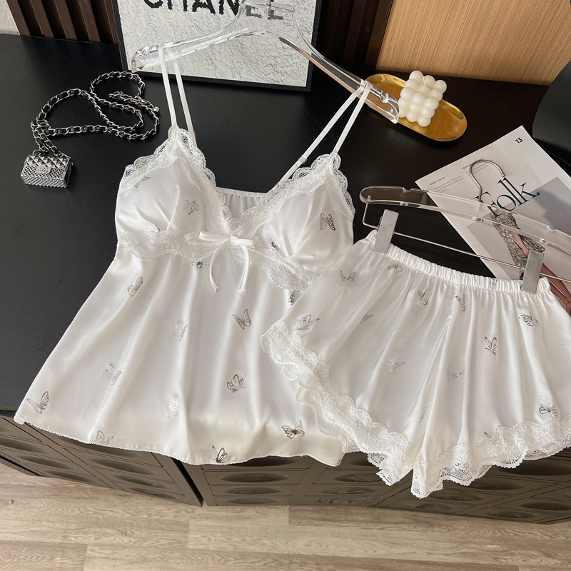 2026 New Summer Silver-Embossed Butterfly Sexy Pajamas for Women with Chest Pads, High-End Shorts Set, Home Wear Wholesale