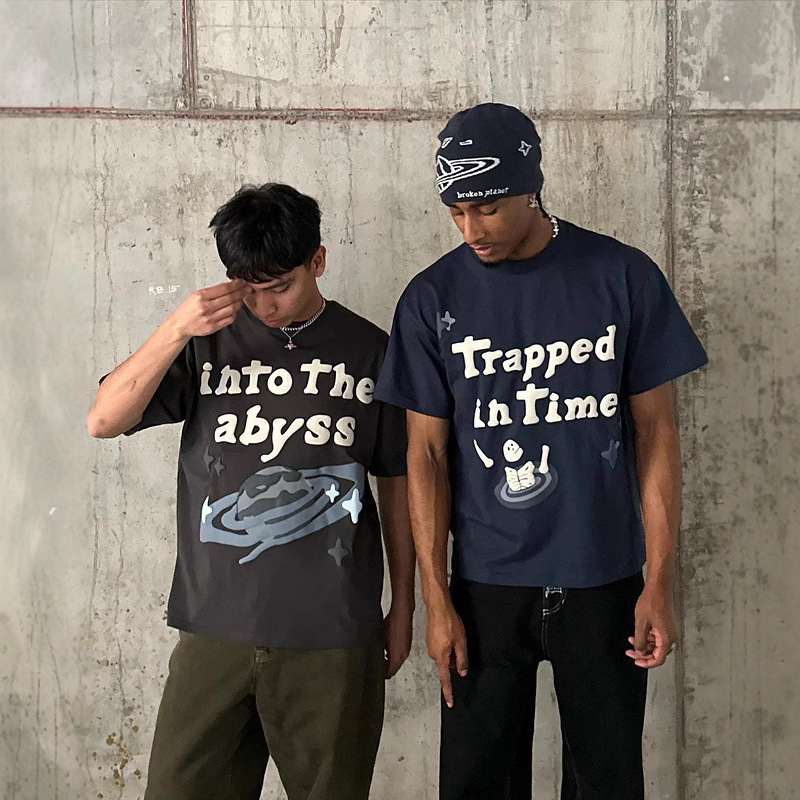 Bpm Embroidered Printed Short-Sleeved T-Shirt Broken Planet Trendy Brand Quality Hip-Hop Rap Street Sweatpants