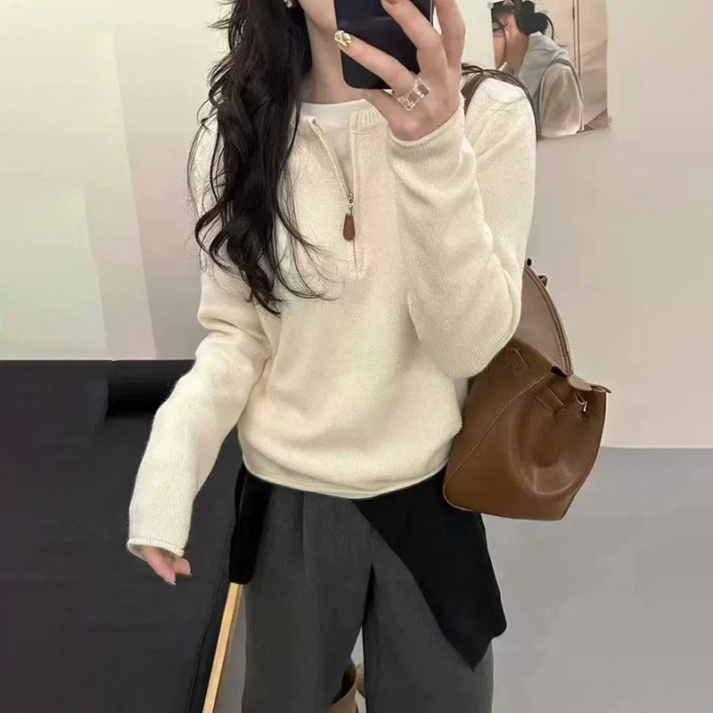 秋冬款100%纯羊毛衫女半开圆领时尚宽松毛衣打底衫时尚保暖羊毛衫