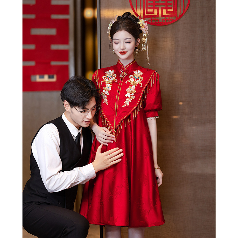 Bride's Toast Dress Spring and Autumn New Chinese Style Cheongsam for Pregnant Women Plus Size Belly-Covering Engagement Wedding Dress for Women