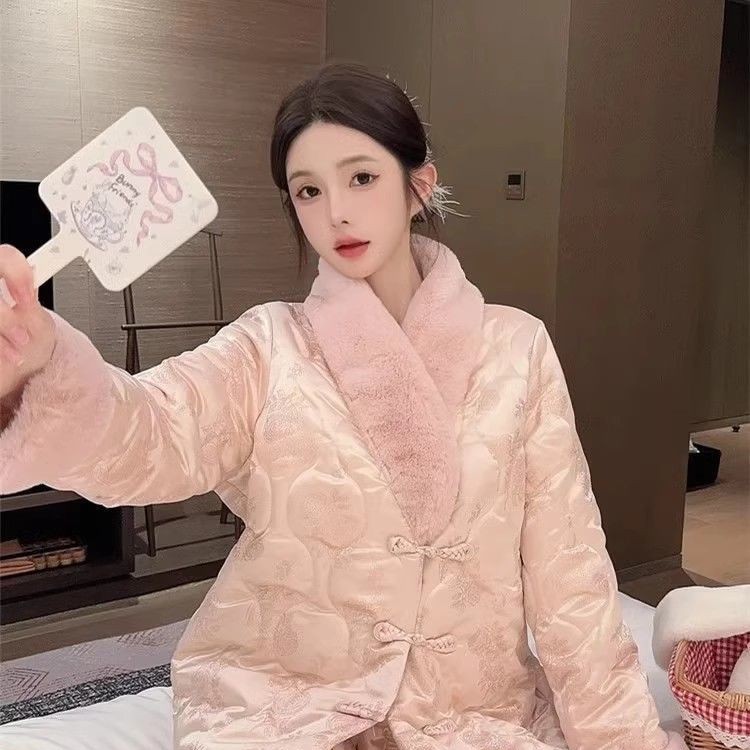 新中式复古国风毛领珊瑚绒睡衣女冬季加绒加厚保暖家居服大码套装|undefined