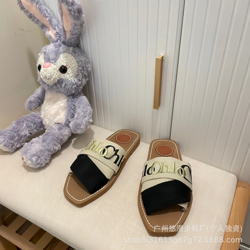 Chlo*罗马平底拖鞋女夏季时尚外穿防滑字母刺绣休闲沙滩一字凉拖|undefined