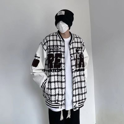 2022新款美式复古街头格子棒球服外套男女春秋季潮牌宽松嘻哈夹克|ru