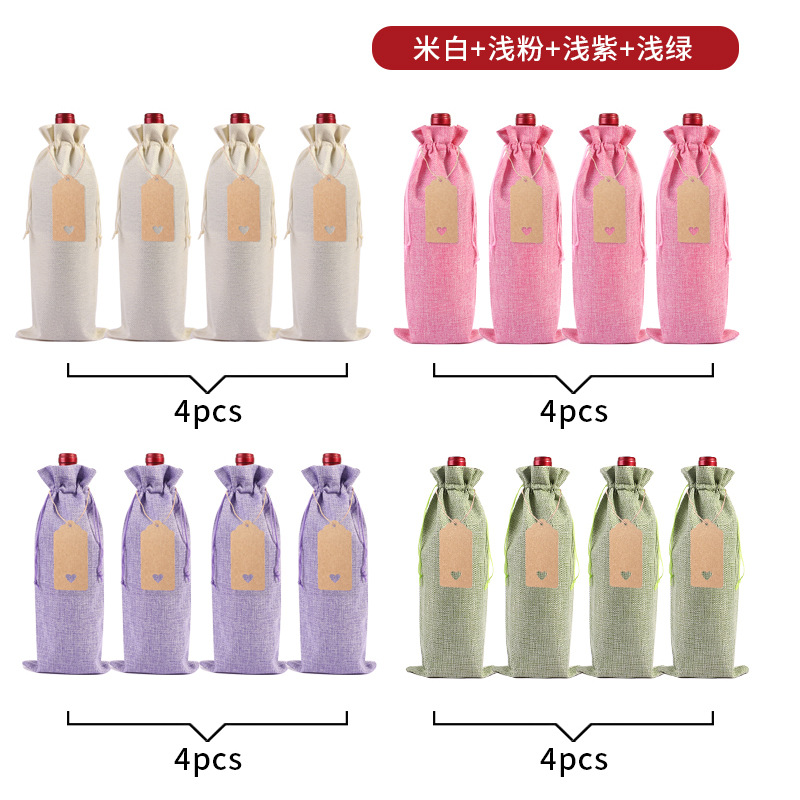 Suministro directo de fábrica bolsa de botella de vino de lino traje ciego degustación de vino botella cubierta de lino etiqueta bolsa de embalaje de vino tinto en stock al por mayor