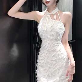 新中式改良旗袍裙女夏季绝美立领盘扣挂脖连衣裙辣妹流苏包臀短裙