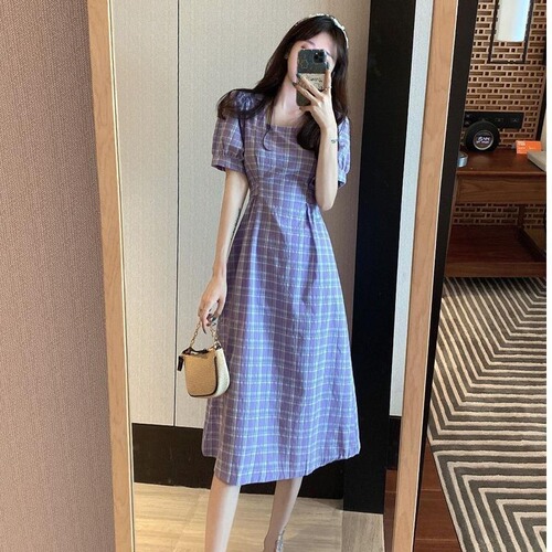 Summer French Retro Vibe Square Collar Medium-Length Skirt Dress with Belted Short Sleeve Checkered Dress for Women