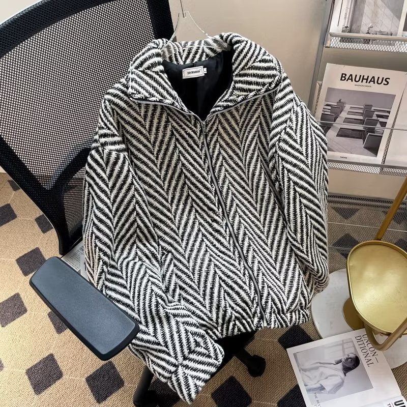 Unique Designer Zebra Stripe Wool Herringbone Lapel Jacket for Men, Korean Style Trendy Brand for Spring, Autumn, and Winter