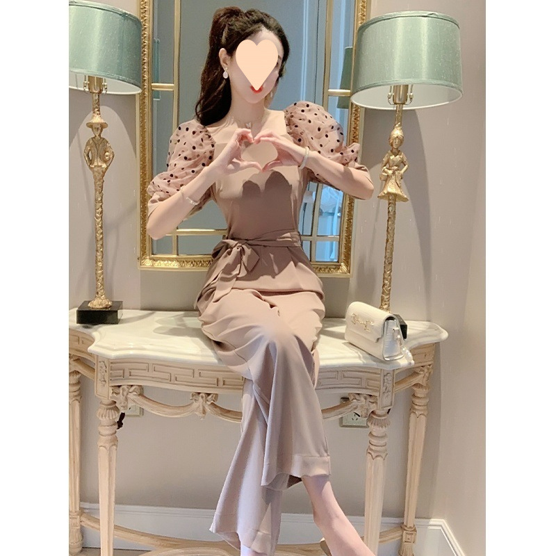 高端小香风长款连体裤女夏轻奢连身裤气质高腰泡泡袖阔腿裤连体衣