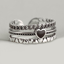 宽版爱心开口戒指 欧美网红潮人夸张霸气黑色桃心爱心三层食指环