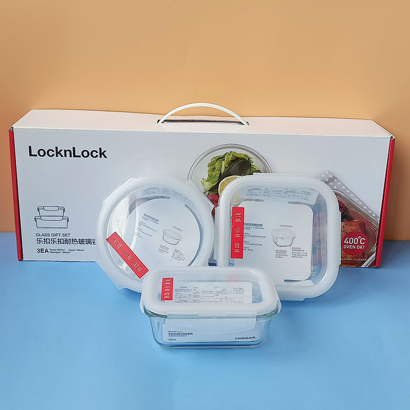 Lekou heat-resistant glass fresh-keeping box 3-piece refrigerator household microwave oven heating lunch box gift LLG831S001N