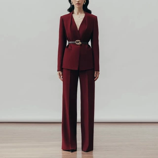 酒红色高级感炸街西装套装女2025春秋新款气质阔腿裤两件套