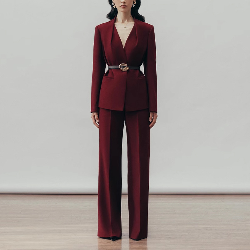 Burgundy High-End Women's Suit Set, 2025 Spring/Autumn New Style, Elegant Wide-Leg Pants Two-Piece Set