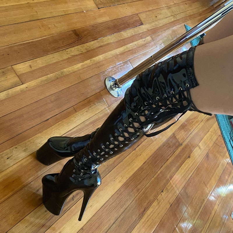 Boot quá gối nữ chống thấm nước gót 20 cm quai bên PU bóng — Màu đen, Màu đỏ