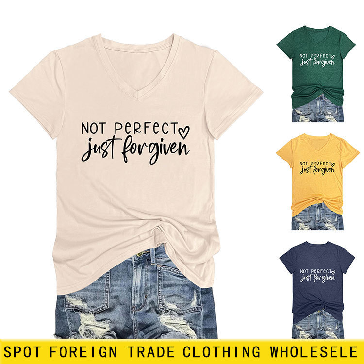 Amazon ebay comfortable V-neck T-shirt not perfect just forgiven cross-border casual women's short sleeves