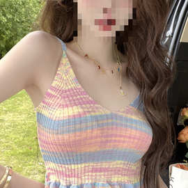 复古纯欲甜辣法式领针织吊带背心上衣女夏季彩色条纹荷叶边