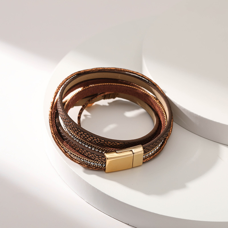 Women's Gender Ethnic Style Simple Style Round Pu Leather Layered Inlay Artificial Crystal Women's Bangle