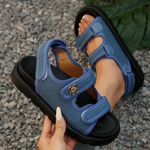 Summer Large Size Denim Velcro Thick-Soled Sandals 2025 New Cross-Border European and American Roman Sandals for Women Wholesale