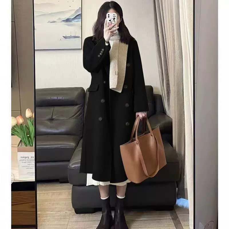 港风纯色中长款毛呢风衣外套女学生秋冬季韩系赫本风宽松保暖大衣