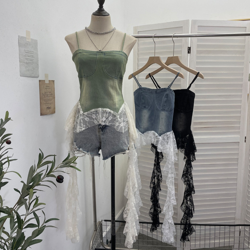 Real Shot of Sexy Lace Splicing Washed Denim Camisole with Asymmetrical Streamers Slim Tube Top 2752