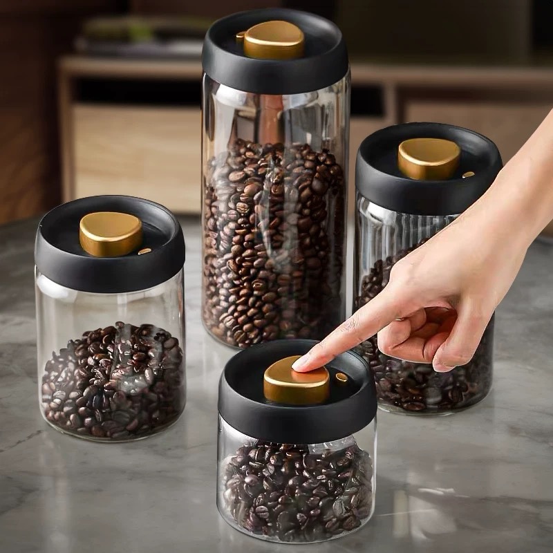 Vacuum Coffee Bean Sealed Jar Push-Type Exhaust Glass Jar Household Tea Dried Fruit Medicinal Materials Moisture-Proof Storage Bottle