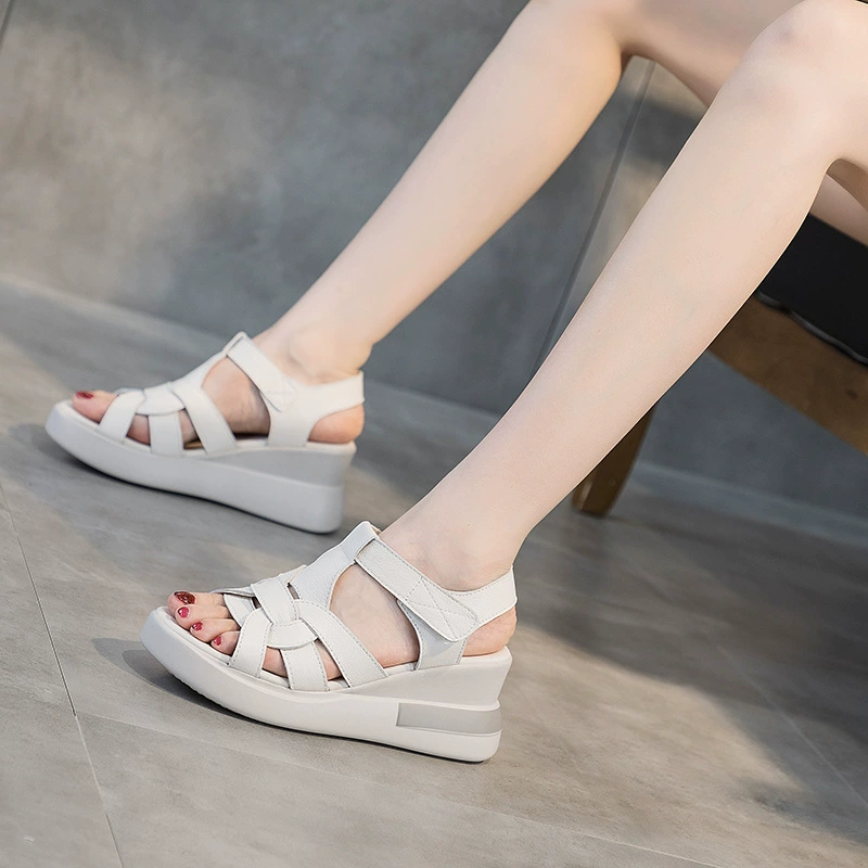 Женские сандалии на платформе из натуральной кожи, лето 2025, ретро-римские, с мягкой подошвой, на высокой толстой подошве, открытый носок