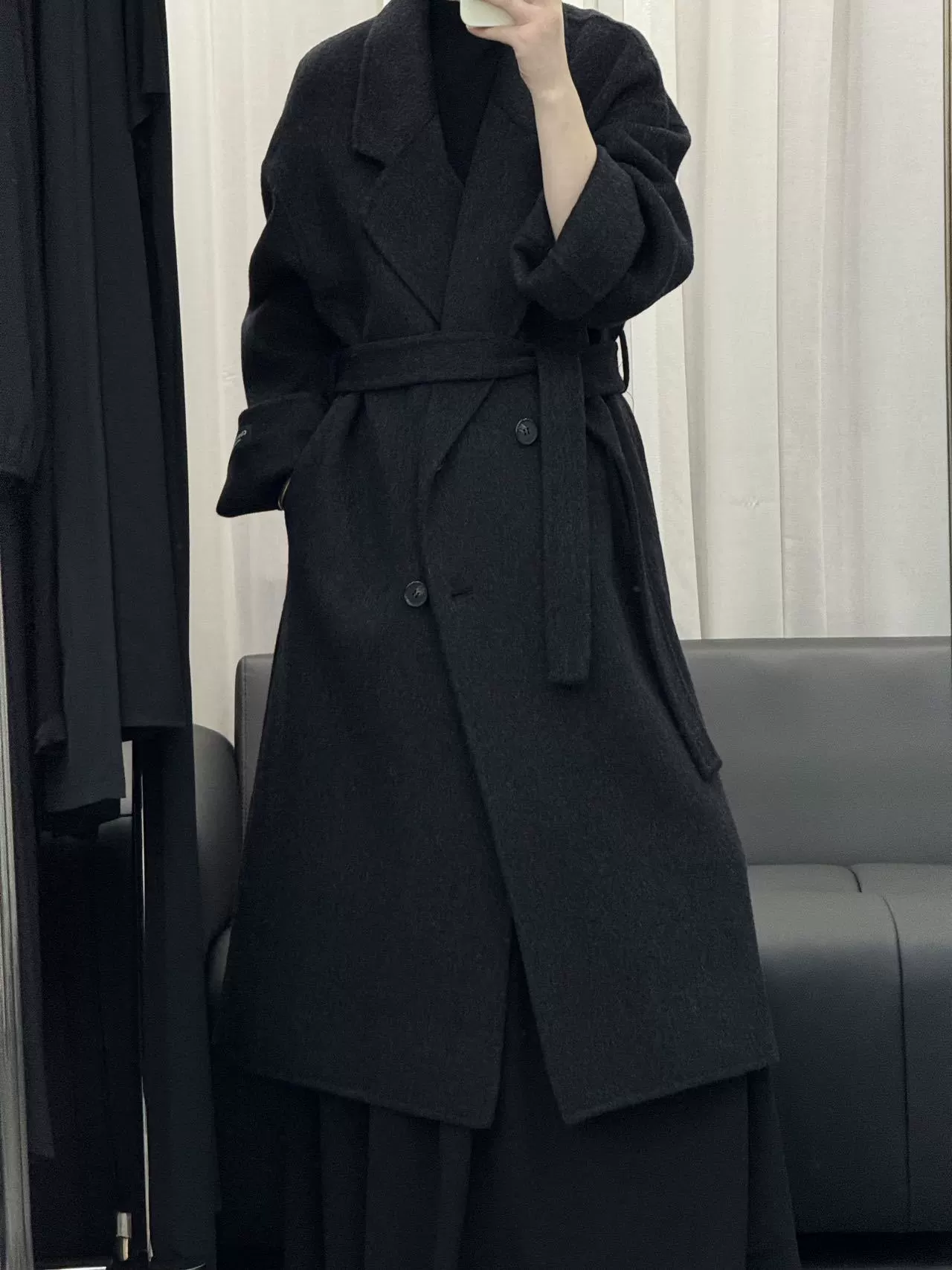 Пальто из полушерсти полушерсти демисезонное двустороннее, Oversized; оливково-зеленый / серый / черный, размер S–M