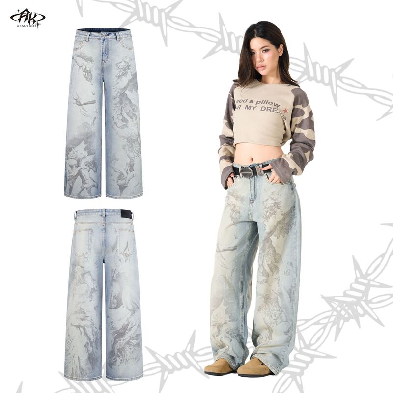 Cross-Border New Style American High Street Washed Heavyweight Jeans with Angel Digital Print, Vintage Distressed Trendy Straight-Leg Pants Cross-Border New Style American High Street Washed Heavyweight Jeans with Angel Digital Print, Vintage Distressed Trendy Straight-Leg Pants