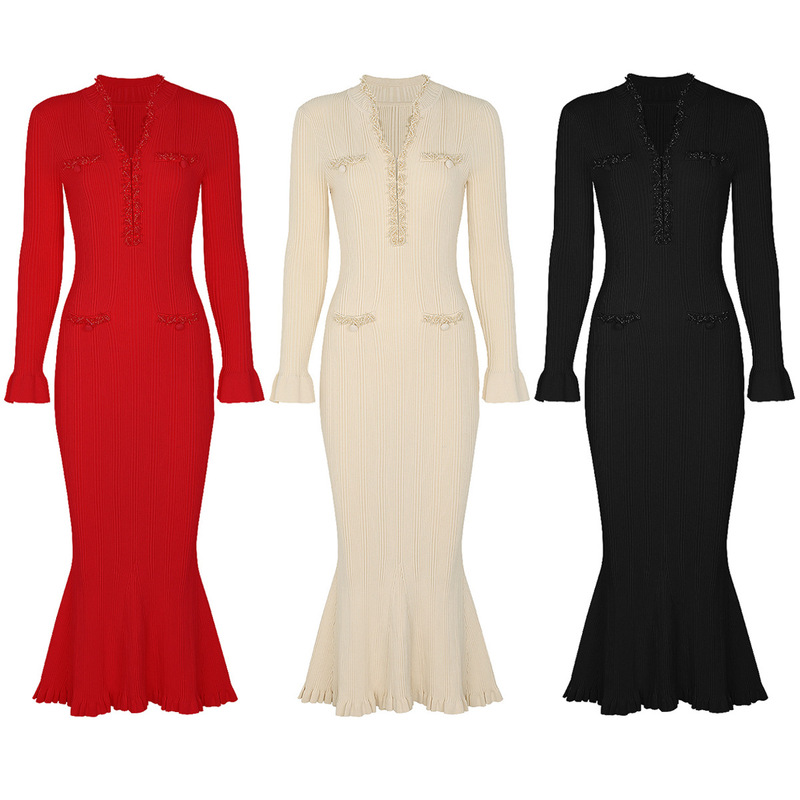 25200 Spot High-Quality Autumn and Winter New Fashion Knitted V Neck Slimming Look Handmade Beaded Long-Sleeved Dress