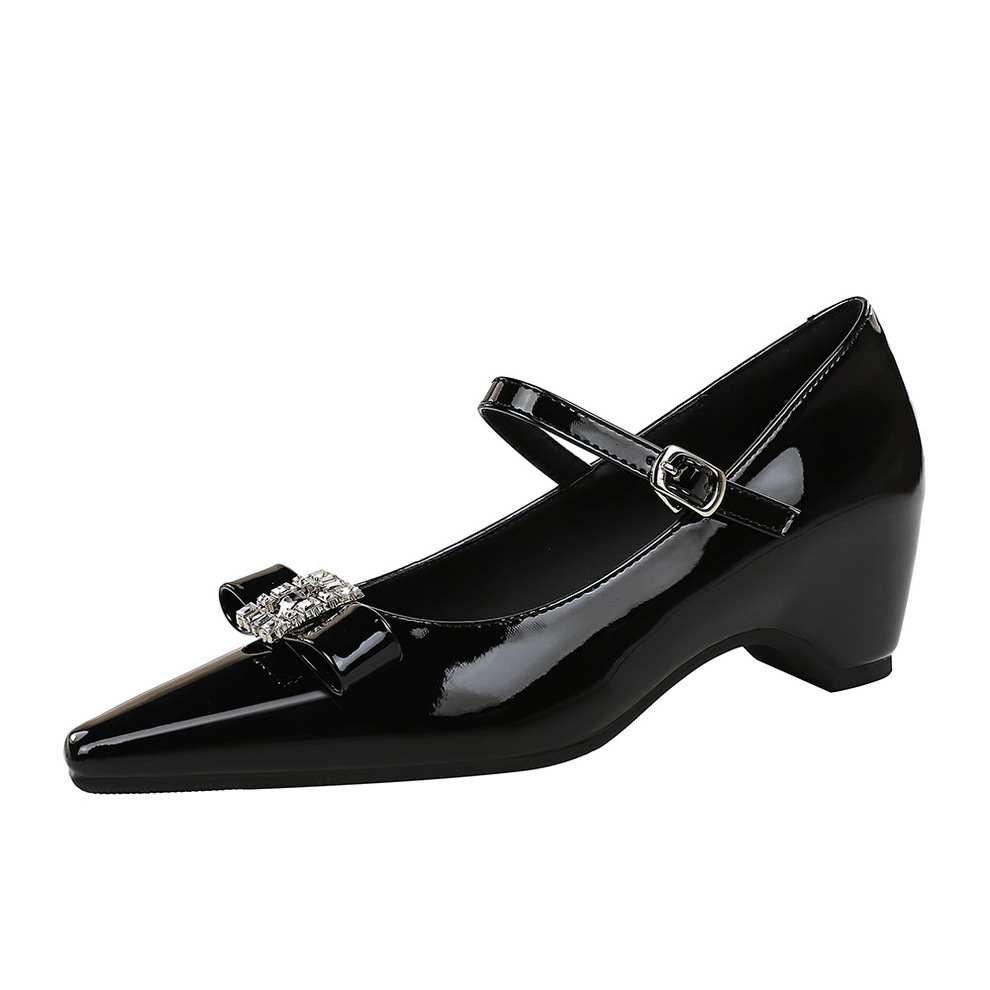761-H130 Mary Jane With Internal Height Increase, Pointed Toe, Patent Leather, Rhinestone Bow, Elegant Commuter Shoes_vogvips.com