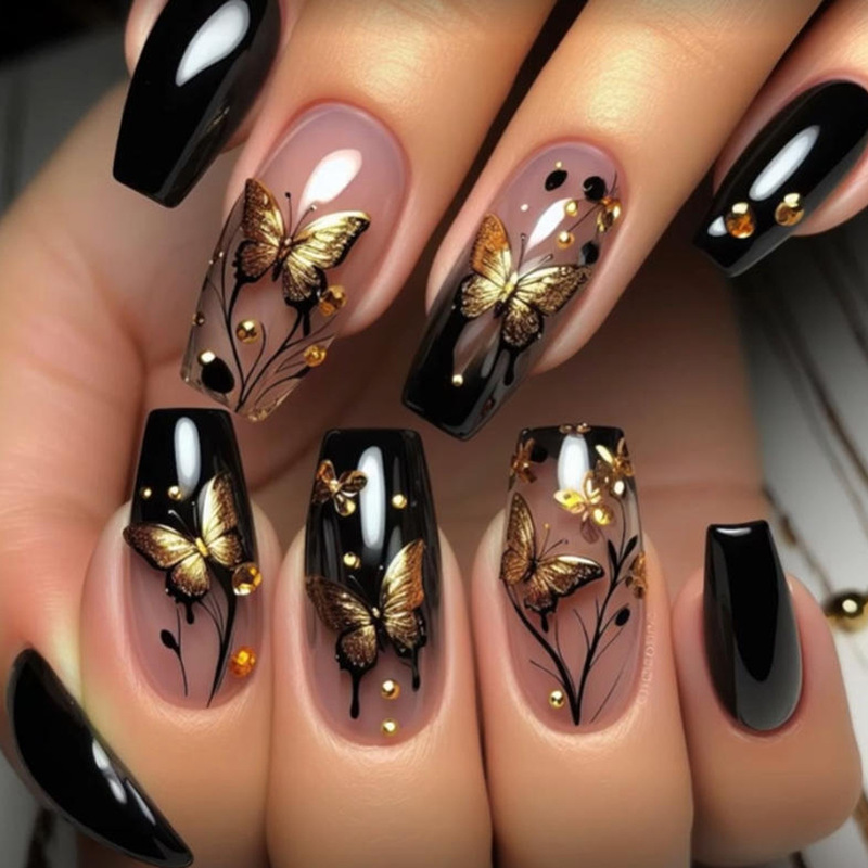 Medium-Length Ballet-Shaped Fake Nails in an Instagram-Style Sweet-Cool Spicy Girl Vibe with Dark Gradient Glitter Butterfly Design