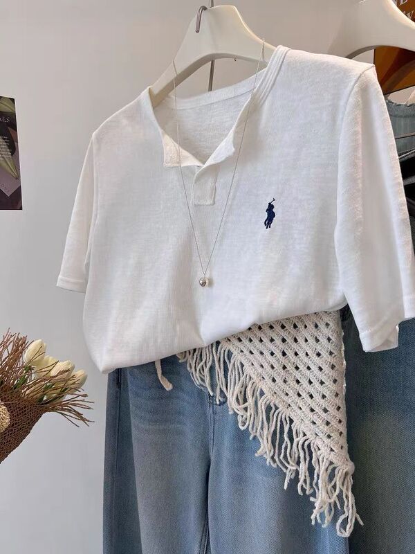 特大サイズ 120kg ポニー刺繍ハーフボタンポロシャツ半袖 Tシャツレディース夏万能ルーズ V ネックトップ|undefined