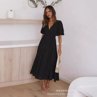 2024 Amazon Hot Selling European and American Fashion Women's Summer New High-end Deep V Puff Sleeve Holiday Dress