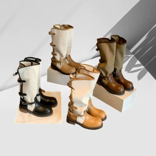 20264cm粗跟翻折两穿皮带扣拼色圆头中筒骑士靴厚底增高长筒靴女
