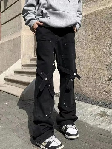 American-style vibe designer pants—Instagram-inspired high-street trendy black denim jeans with tie-up details, featuring a straight-leg silhouette and perfect for Hiphop enthusiasts.