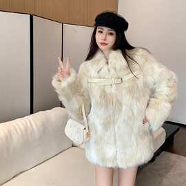 韩版冬季年轻款仿狐狸毛皮草外套皮扣毛毛绒感大衣女