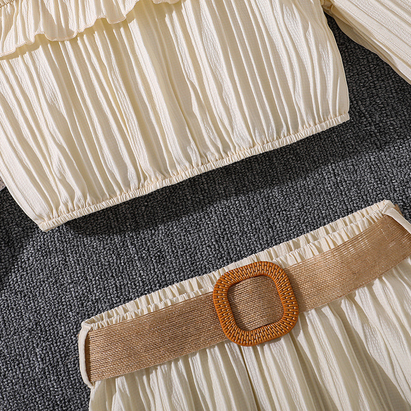 Meiteņu komplekts 2024. gada rudens stilīgs īss stils ar vienu plecu, mežģīņu mazs krekls ar pussvārkiem, bērnu apģērbs_voghion.com